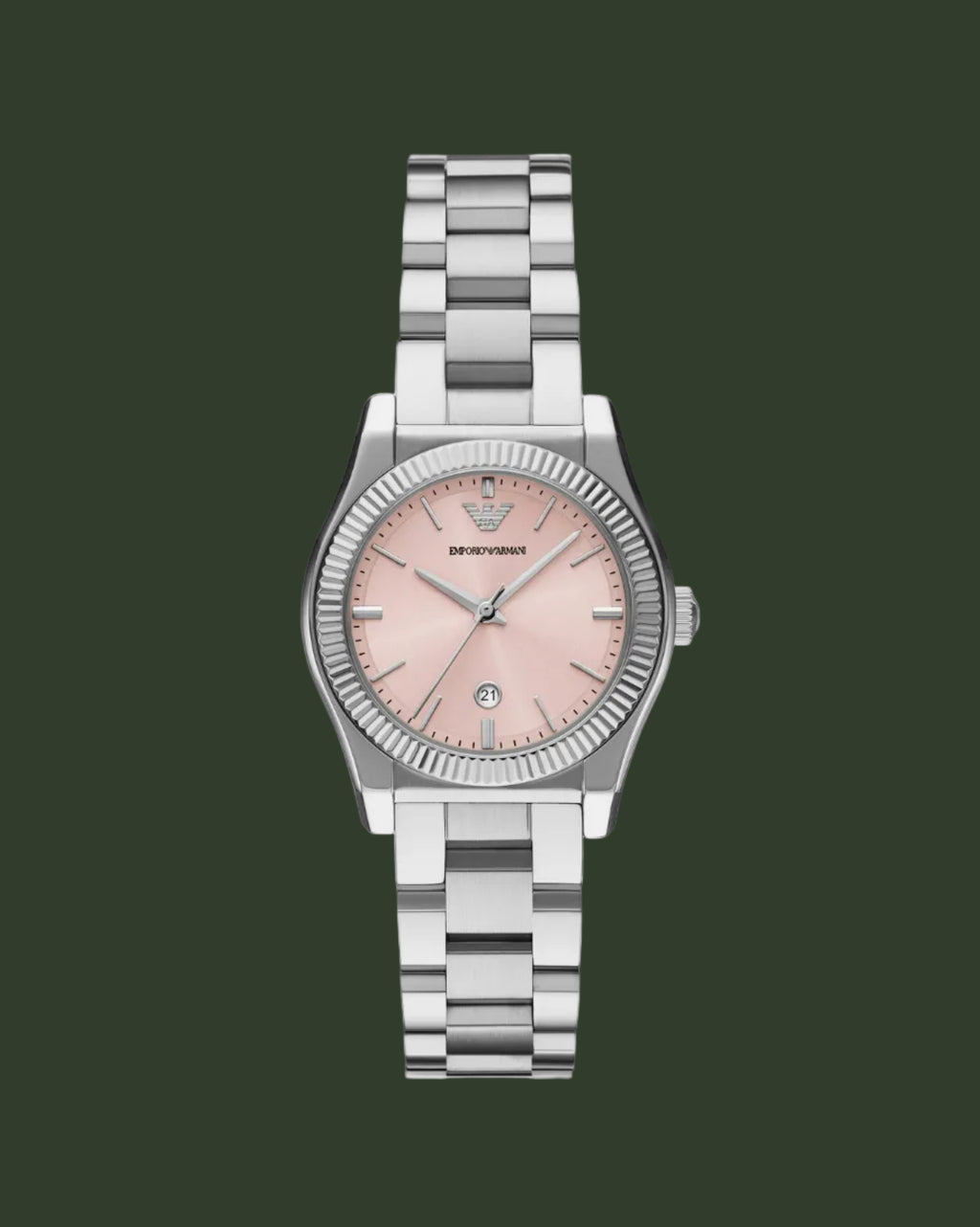 Silver watch with a pink face on a white background