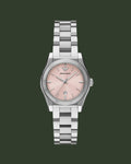 Silver watch with a pink face on a white background