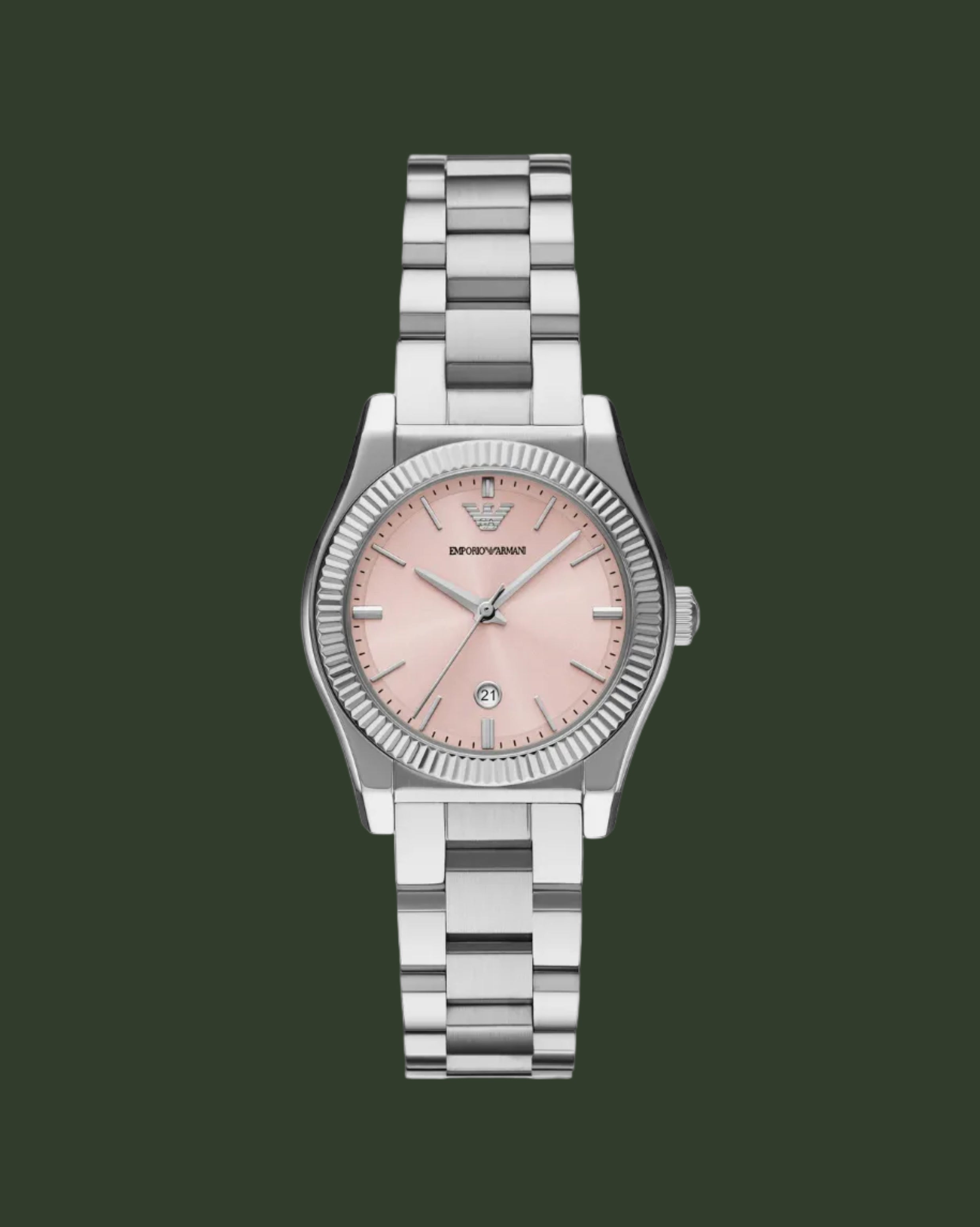 Silver watch with a pink face on a white background