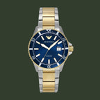 Two-tone watch with blue dial and gold accents on a white background