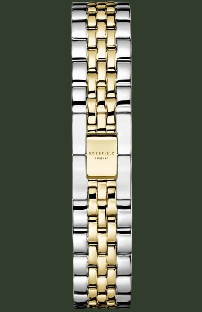 A two-tone Rosefield watch band made of polished silver and yellow gold stainless steel, featuring a central gold clasp engraved with the brand name.