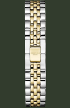 A two-tone Rosefield watch band made of polished silver and yellow gold stainless steel, featuring a central gold clasp engraved with the brand name.