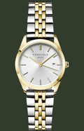 Rosefield women's two-tone watch with a gold and silver stainless steel link bracelet, gold case, and a white dial with gold markers.