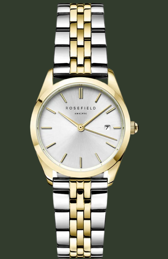 Rosefield women's two-tone watch with a gold and silver stainless steel link bracelet, gold case, and a white dial with gold markers.