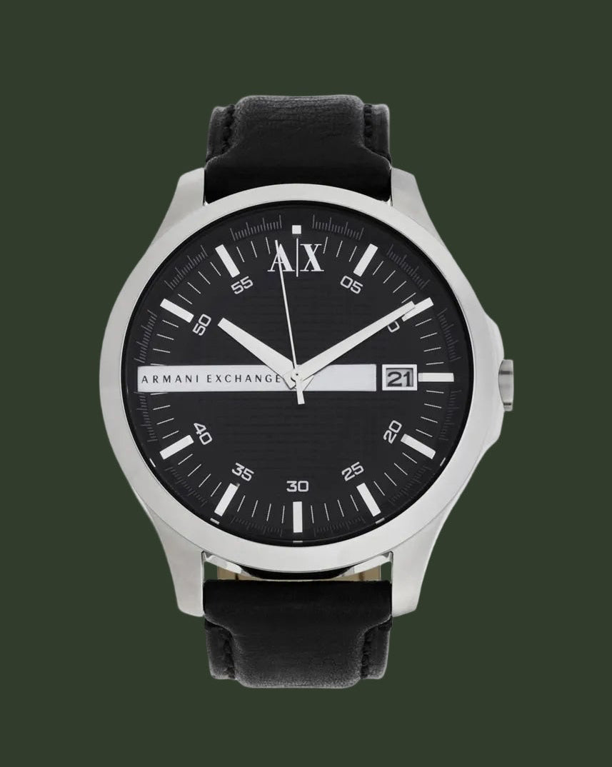Black Armani Exchange watch on a white background
