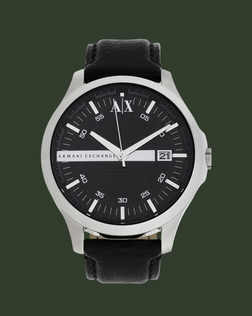 Black Armani Exchange watch on a white background