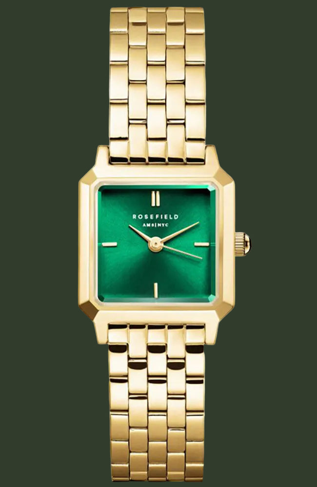 A Rosefield London women's watch featuring a gold-tone metal link bracelet, a square bezel, and a vibrant green dial with gold-tone hands and hour markers.