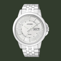 Citizen stainless steel watch with a silver dial, silver-tone metal case, and matching link bracelet, featuring a day and date window.
