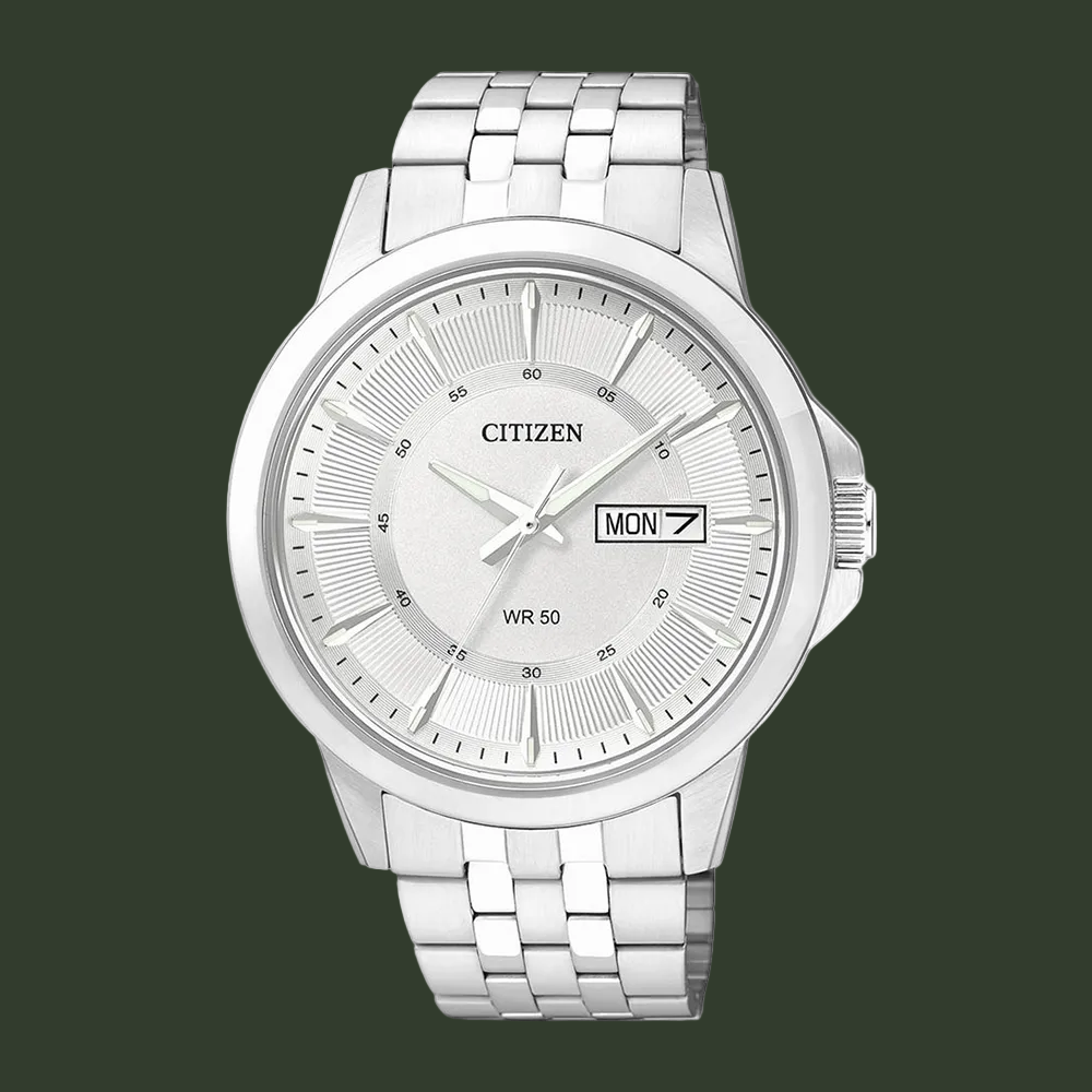 Citizen stainless steel watch with a silver dial, silver-tone metal case, and matching link bracelet, featuring a day and date window.