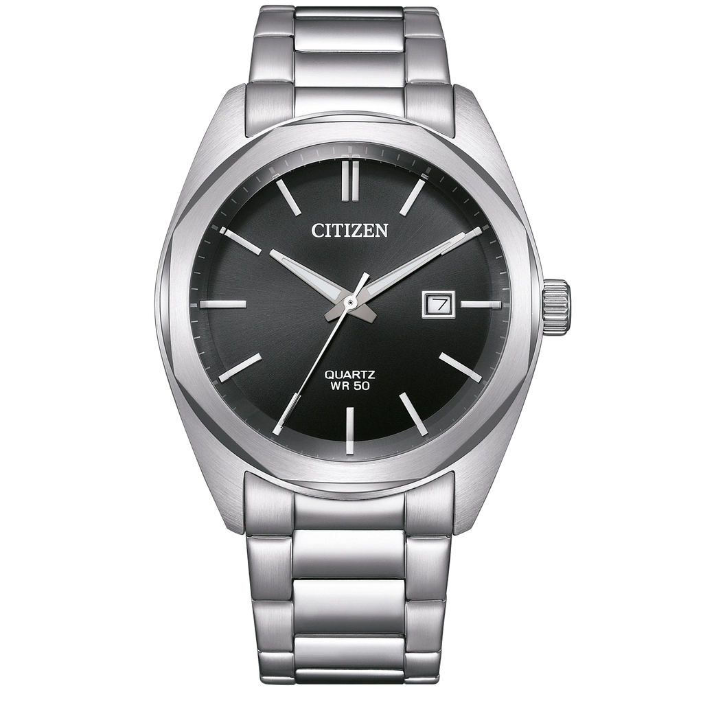 Citizen quartz watch with a silver stainless steel case and link bracelet, featuring a black dial with silver-tone hands, baton indices, and a date window at the 3 o'clock position.
