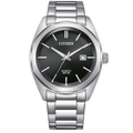 Citizen quartz watch with a silver stainless steel case and link bracelet, featuring a black dial with silver-tone hands, baton indices, and a date window at the 3 o'clock position.