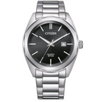 Citizen quartz watch with a silver stainless steel case and link bracelet, featuring a black dial with silver-tone hands, baton indices, and a date window at the 3 o'clock position.