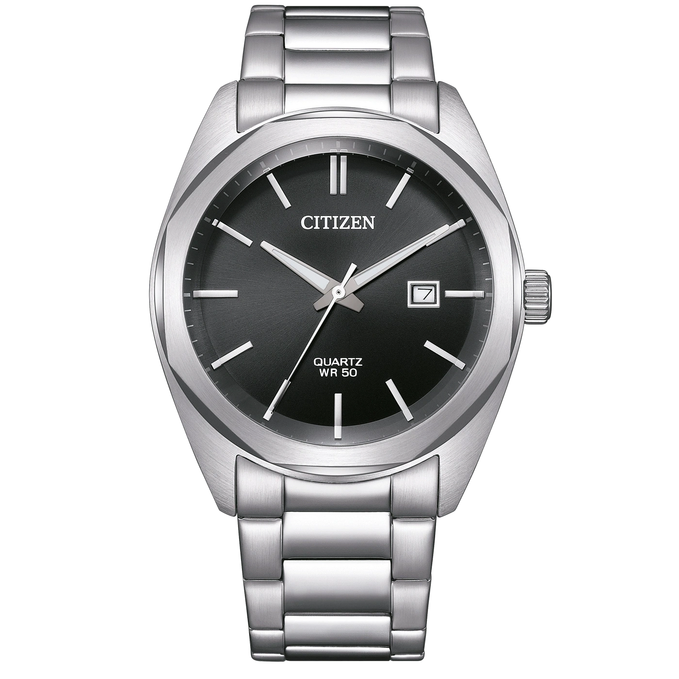 Citizen quartz watch with a silver stainless steel case and link bracelet, featuring a black dial with silver-tone hands, baton indices, and a date window at the 3 o'clock position.