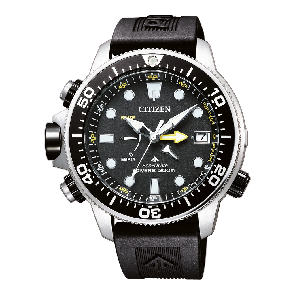 Citizen Eco-Drive Diver's Zoom watch with a black dial, black rubber strap, and silver stainless steel case on a white background.