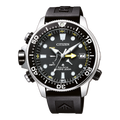 Citizen Eco-Drive Diver's Zoom watch with a black dial, black rubber strap, and silver stainless steel case on a white background.