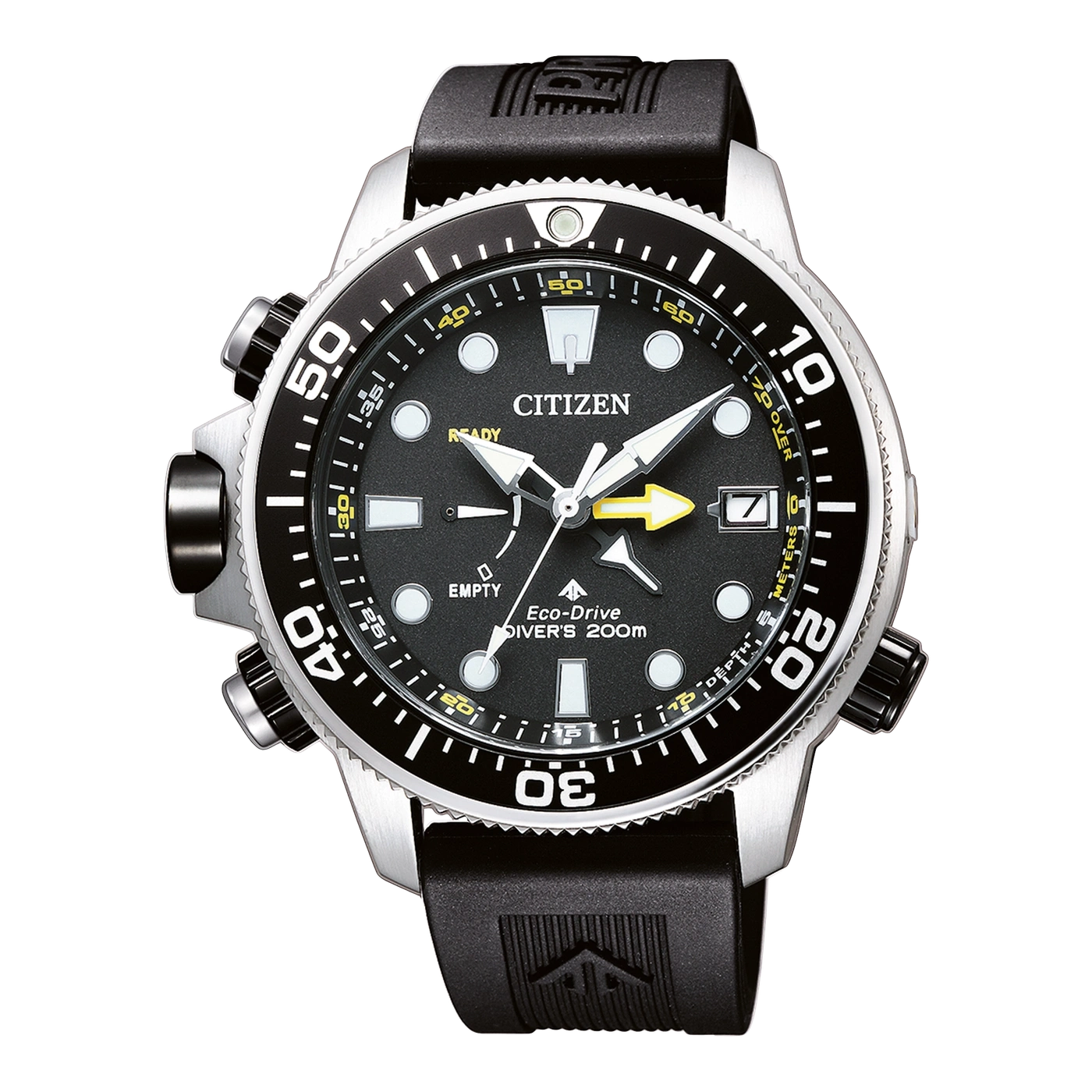 Citizen Eco-Drive Diver's Zoom watch with a black dial, black rubber strap, and silver stainless steel case on a white background.