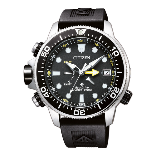 Citizen Eco-Drive Diver's Zoom watch with a black dial, black rubber strap, and silver stainless steel case on a white background.