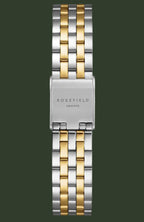 Rosefield Amalfito two-tone stainless steel watch band with gold-plated links, shown vertically on a plain white background.