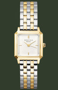 Rosefield Antwerp women's watch featuring a two-tone gold and silver stainless steel link bracelet, a gold-tone case, and a white dial with gold hands and indices.
