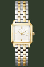 Rosefield Antwerp women's watch featuring a two-tone gold and silver stainless steel link bracelet, a gold-tone case, and a white dial with gold hands and indices.
