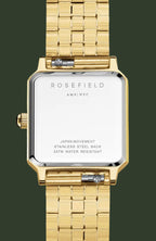 Rosefield women's watch with a gold-tone metal link bracelet and a square-shaped stainless steel case, shown from the back on a white background.