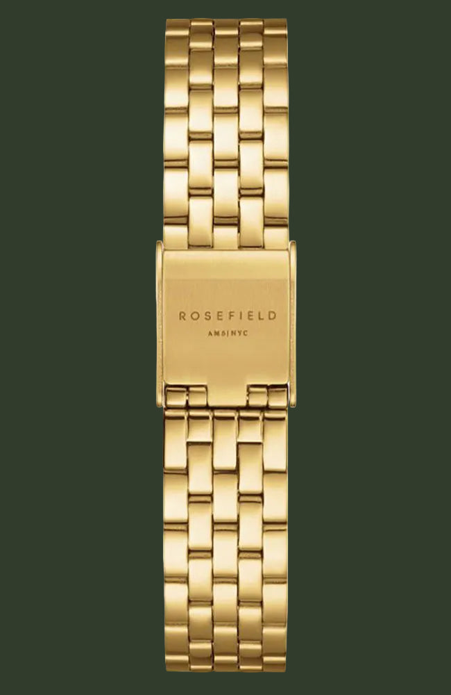 Rosefield Amhite watch band in polished yellow gold-tone stainless steel, featuring a rectangular clasp with the brand name 'ROSEFIELD AMHITE' engraved, shown against a plain white background.