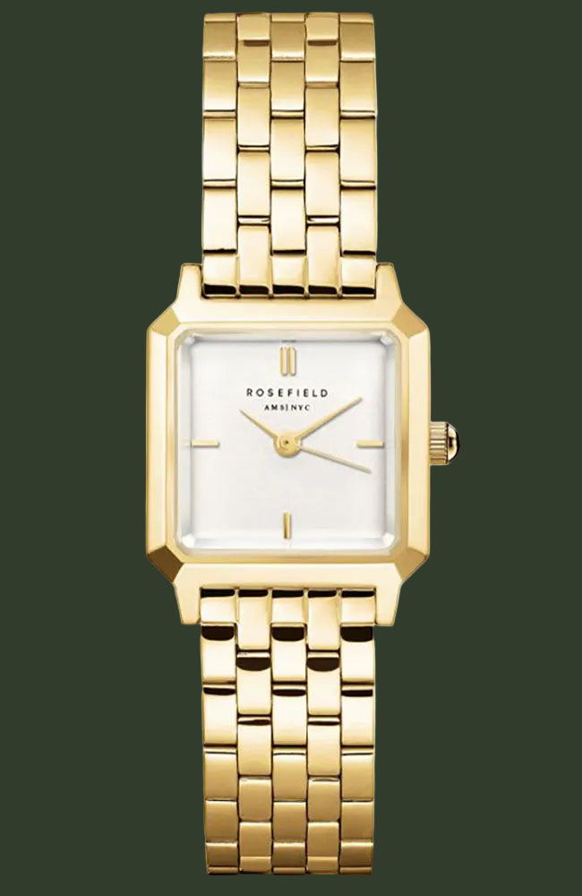 Rosefield Annette women's watch featuring a gold-tone metal link bracelet, a square bezel, and a white dial with gold-tone hands and indices.