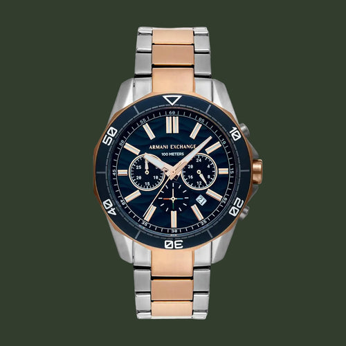 Armani Exchange watch with two-tone rose gold and silver bracelet on a white background