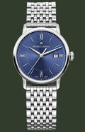 Maurice Lacroix watch with blue dial and silver metal bracelet on a white background