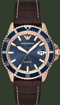 Emporio Armani watch with blue dial and brown leather strap on a white background