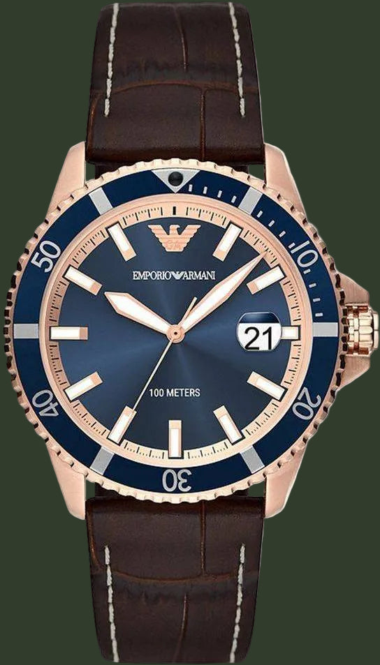 Emporio Armani watch with blue dial and brown leather strap on a white background