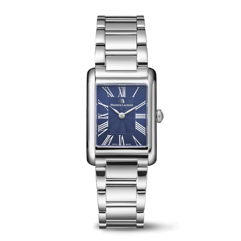 Silver watch with a blue face on a white background