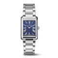 Silver watch with a blue face on a white background