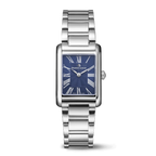 Silver watch with a blue face on a white background