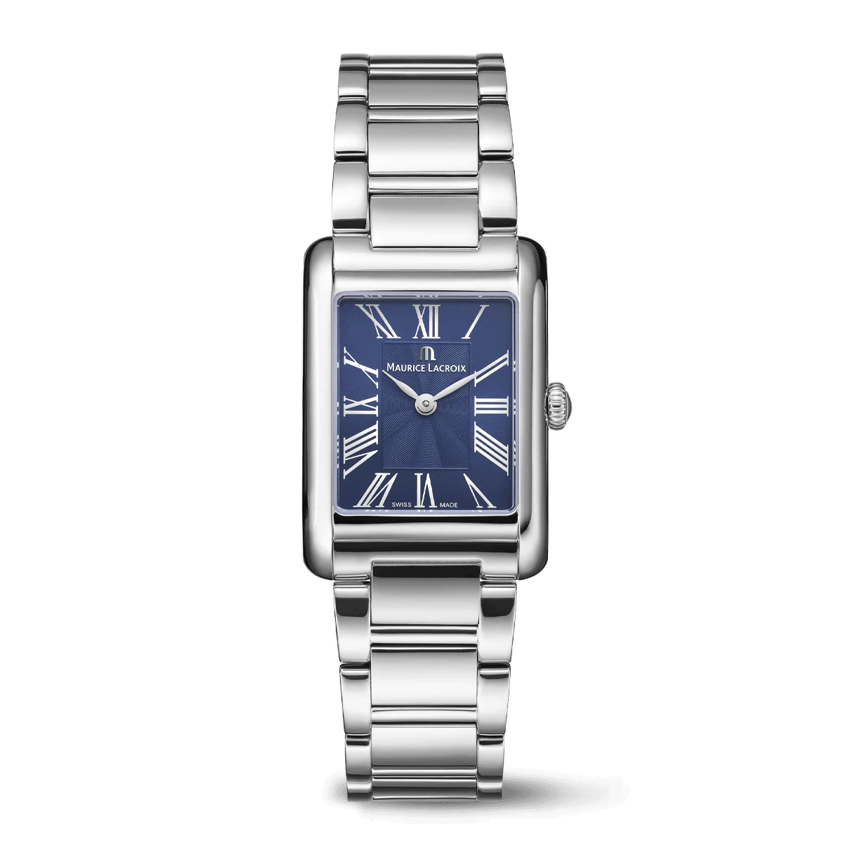 Silver watch with a blue face on a white background