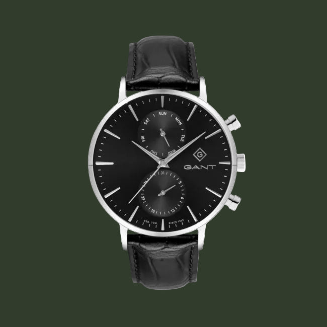 A GANT analog watch with a black dial, silver-tone case, and a black leather strap, shown against a plain white background.