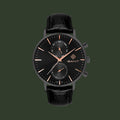 Black watch with rose gold accents on a white background