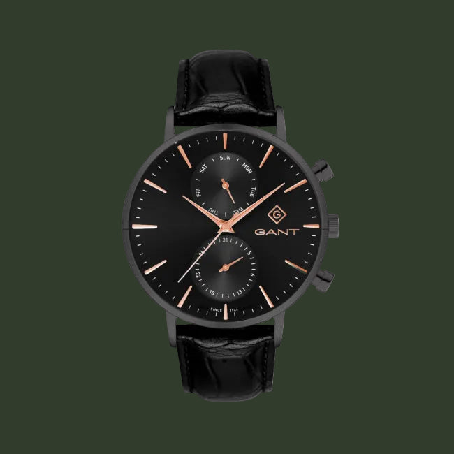 Black watch with rose gold accents on a white background