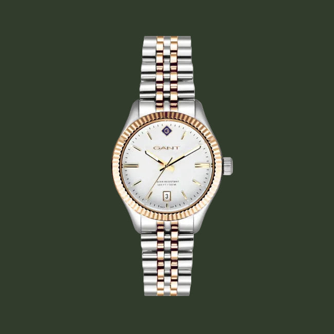 Gant watch with silver and rose gold two-tone bracelet on a white background