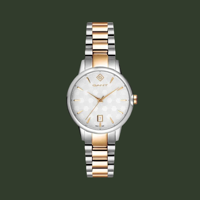 Gant watch with two-tone rose gold and silver bracelet on a white background