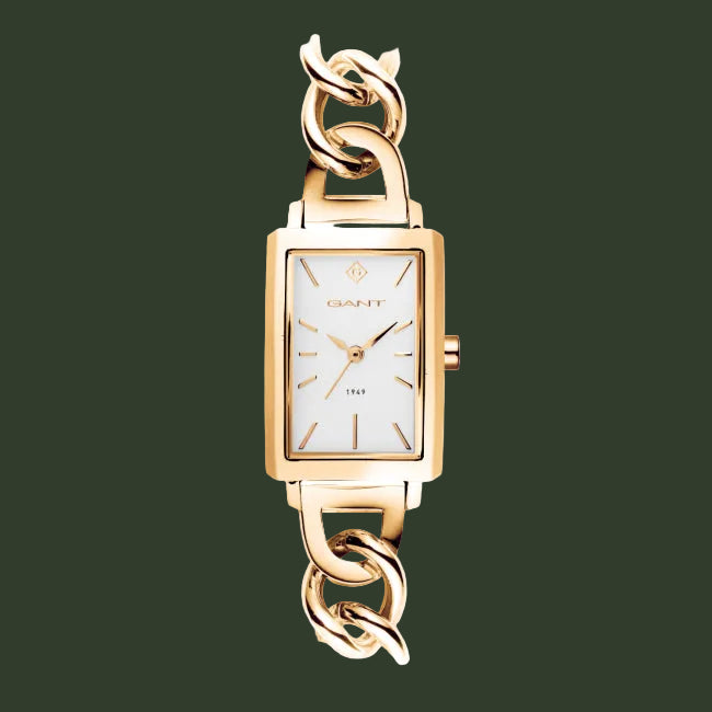 A GANT women's watch featuring a rectangular gold-tone case, a white dial with gold-tone hands and indices, and a matching gold-tone chain bracelet with curb links, shown against a solid white background.