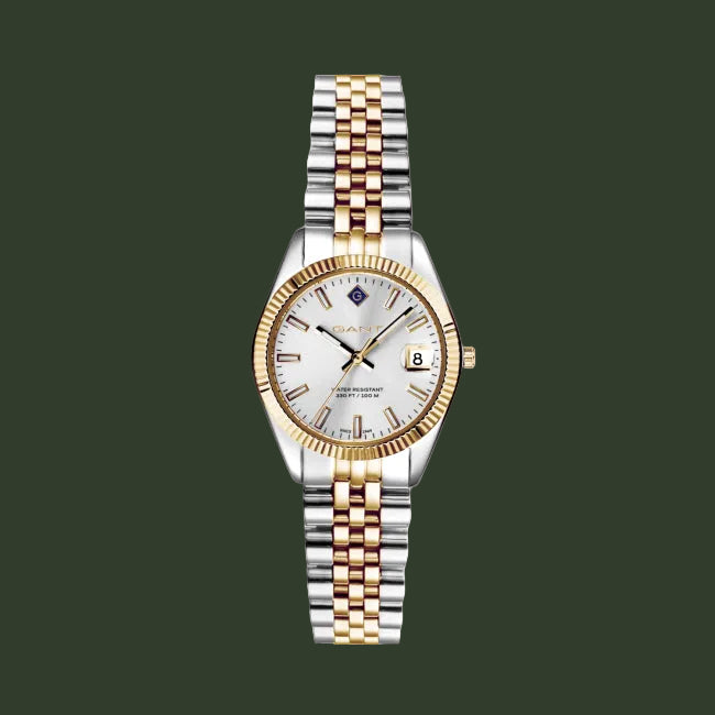 Two-tone watch with silver and gold bracelet on a white background