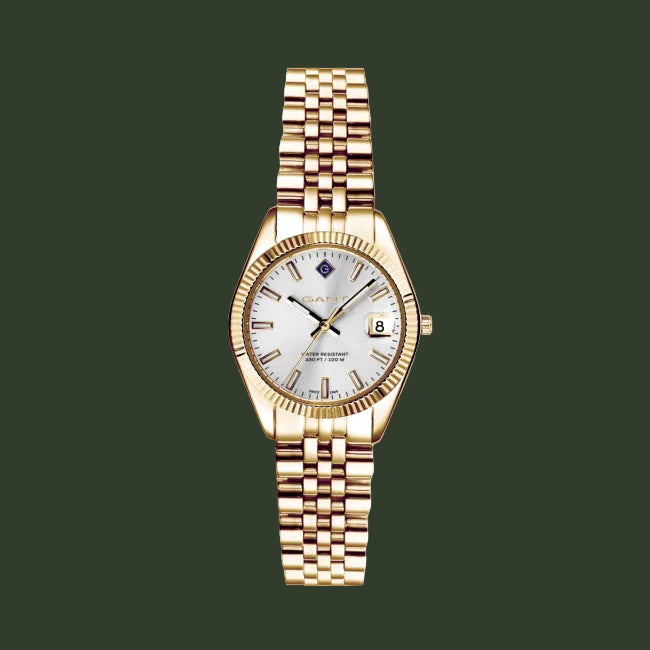 Gold wristwatch with a white dial on a white background