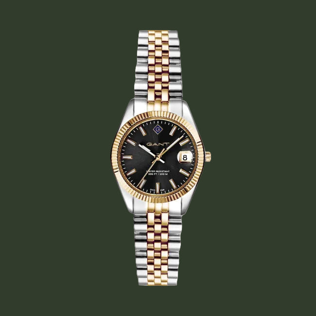 Gold wristwatch with a brown dial on a white background