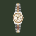 Two-tone watch with a gold and silver bracelet on a white background