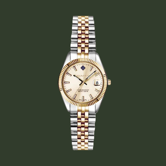 Two-tone watch with a gold and silver bracelet on a white background