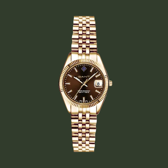 Gold wristwatch with a brown dial on a white background