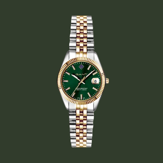 A GANT men's watch featuring a two-tone silver and gold stainless steel link bracelet, a fluted gold bezel, and a deep green dial with a date window.