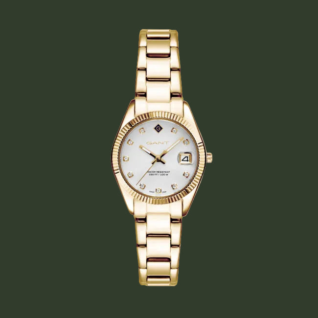 A GANT women's watch featuring a gold-tone stainless steel link bracelet, a fluted bezel, and a white dial with crystal hour markers and a date window.