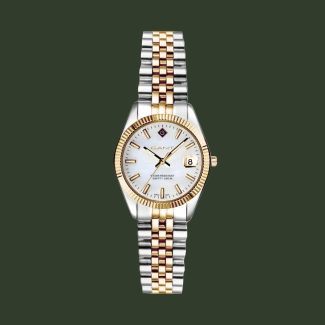 A GANT women's two-tone stainless steel and gold watch with a white dial, featuring a date window at 3 o'clock and a matching two-tone link bracelet.